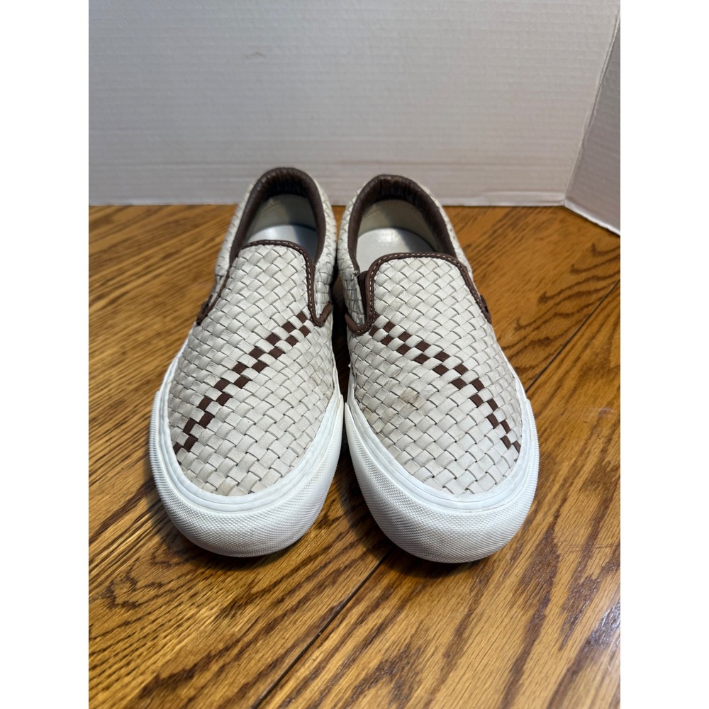 Vans Classic Slip-On Woven Leather Cream Brown Mens 7.5 Womens 9